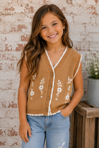 A young girl smiling while wearing a sleeveless tan knit vest with white floral embroidery and button details, paired with light blue jeans, standing against a rustic brick wall.