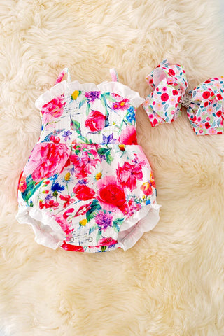 Daisy and Peony Printed Romper with Ruffled Hem