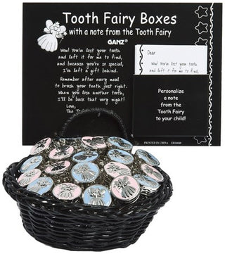 Basket of tooth fairy boxes with a note from the Tooth Fairy, featuring GANZ branding.