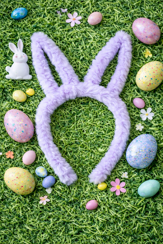 Purple bunny headband on a grassy background with Easter eggs and flowers