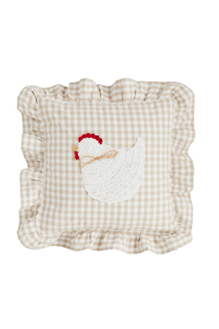 Checkered pillow with a chicken applique on a white background