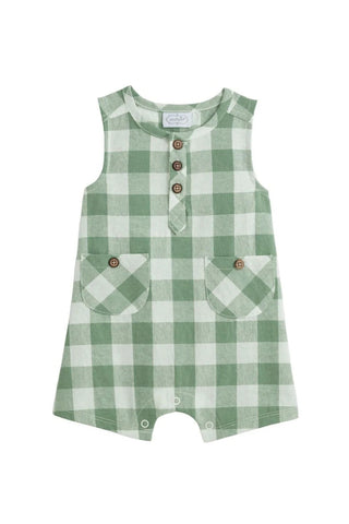 Green check sleeveless infant romper on white background