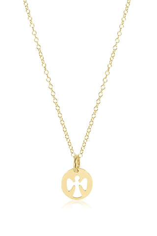 Gold necklace with a small round pendant on a white background