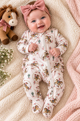 Baby wearing footie laying on a blanket.