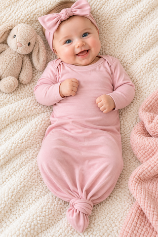 Baby wearing pink angel dear knotted gown. 