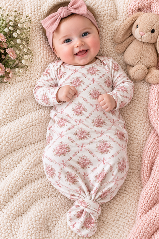 Infant wrapped up in a knotted gown. 