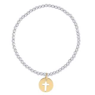 Silver beaded bracelet with a gold cross pendant on a white background