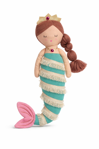 Mermaid doll with a crown, blue and beige tail, and pink tail on a white background