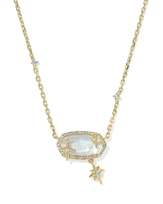 A gold chain necklace featuring an oval pendant with a milky white iridescent center stone, surrounded by small clear stones and gold starfish motifs, with a dangling gold star charm, shown on a plain white background.