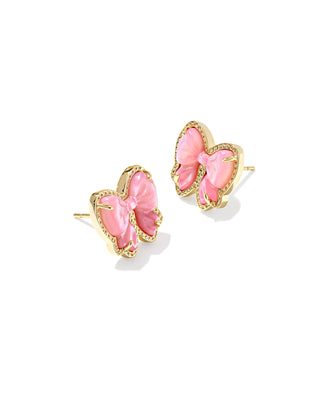 Pink bow earrings with gold accents on a white background