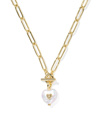 Gold chain necklace with a heart-shaped pendant on a white background