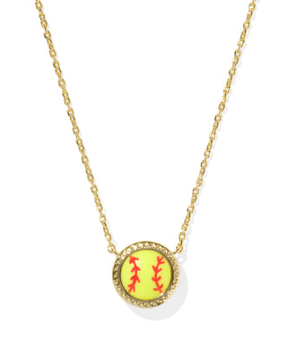 Necklace with a yellow and red softball pendant on a white background
