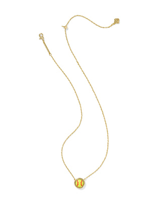 Gold necklace with a round pendant on a white background