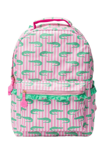 Pink and white striped backpack with alligators printed on it in front of a white backpack 
