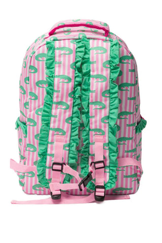 Pink and white striped backpack with green alligators on a white background