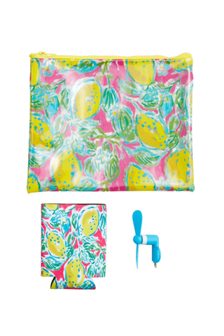 Colorful pouch with lemon design and small blue fan on a white background