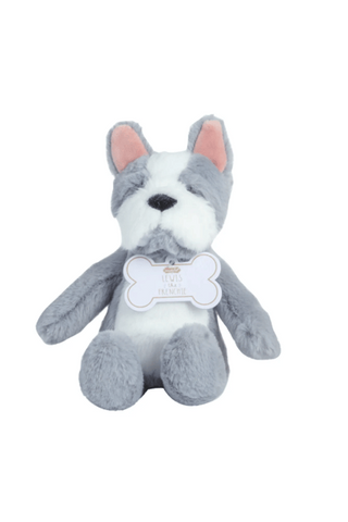 Gray and white French Bulldog plush toy on white background