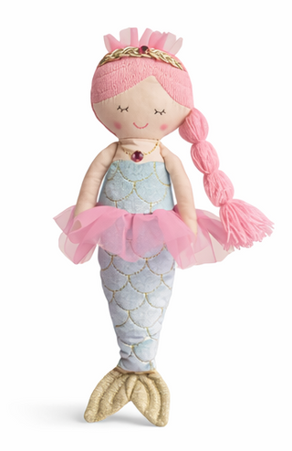 mermaid doll with pink hair on a white background