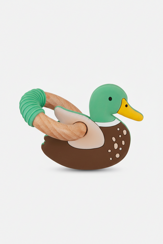 silicone duck teether with wooden ring on white background