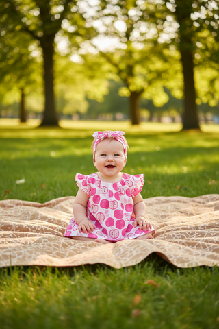 Baby in a pink dress sitting on a blanket in a park
