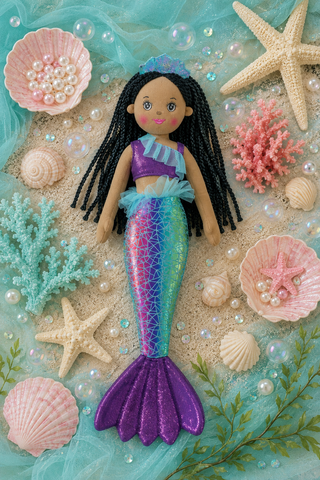 A mermaid doll with long black braided hair, a purple top, and a glittery iridescent tail in blue, green, and purple, posed on a sandy surface surrounded by seashells, starfish, coral, bubbles, and aqua fabric.