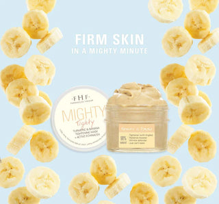 Two jars of skincare product surrounded by sliced bananas on a light blue background with text 'Firm Skin in a Mighty Minute'.