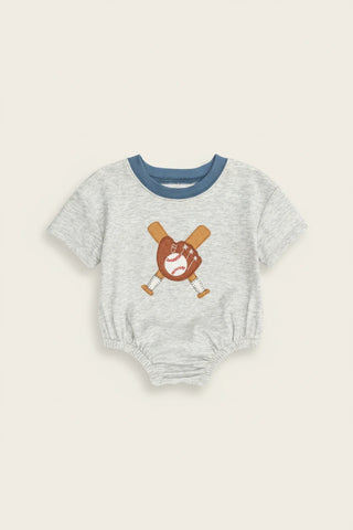 Gray baby romper with baseball design on a white background