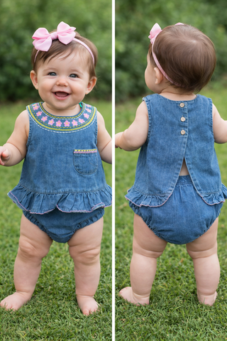 Baby in denim two piece set showing front and back view with a blurred grassy background