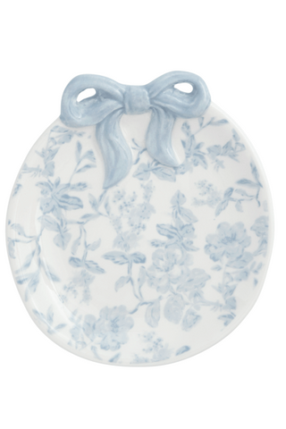 blue and white toile ring dish on white background