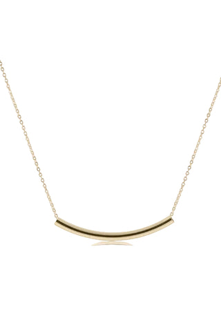 Gold necklace with a curved pendant on a white background