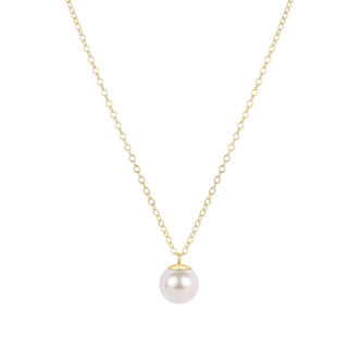Gold necklace with a single pearl pendant on a white background