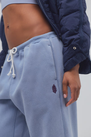 Person wearing light blue sweatpants with a brand logo on a white background