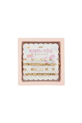 Set of 'Mama & Mini' bracelets in packaging on a white background