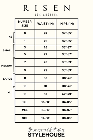 Size chart for clothing with 'Risen Los Angeles' branding
