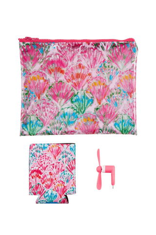 Floral-patterned pouch, can cooler, and small fan on a white background