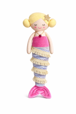 Mermaid doll with a pink top, striped skirt, and mermaid tail on a white background