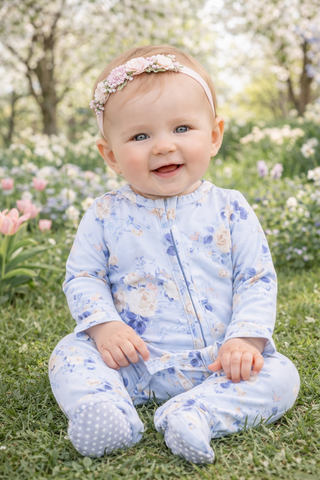 Baby in a floral outfit sitting on grass with flowers in the background