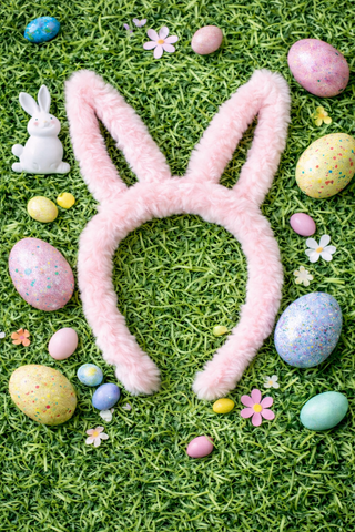 Pink bunny-shaped wreath on a grassy background with Easter eggs and flowers