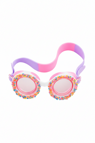 Colorful swim goggles with a pink and purple frame on a white background