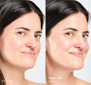 Before and after comparison of a woman's face with 'Ivory Veil' makeup application.