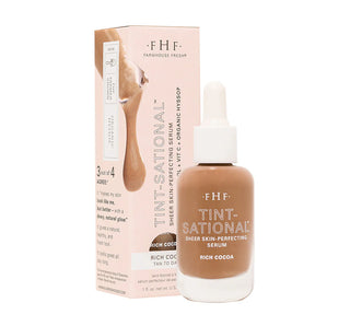 F.H.F. Tint-National Sheer Skin Perfecting Serum in Rich Cocoa with packaging on a white background