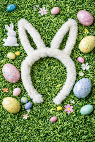 White bunny ears on a grassy background with Easter eggs and flowers