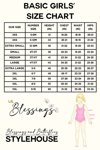 Basic girls' size chart with measurements and a placeholder of a girl wearing a swimsuit.