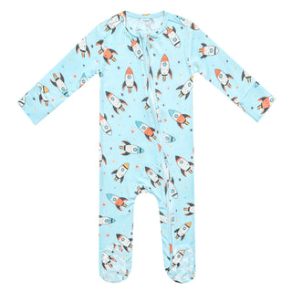 Baby onesie with rocket ship pattern on a light blue background