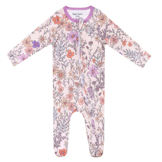 Floral patterned baby onesie on a white background