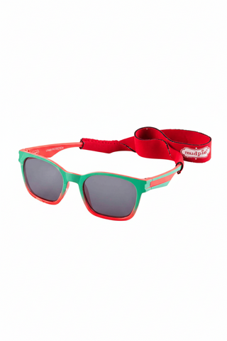 Sunglasses with a red strap on a white background