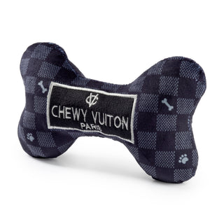 Black Checker Chewy Vuiton Bone Squeaker Dog Toy: Small