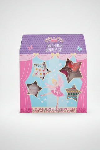 Ballerina beauty set packaging with glitter, lip glosses, rhinestone stickers, and nail stickers on a white background.