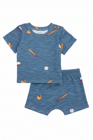 Children's blue sports-themed shirt and shorts set on a white background