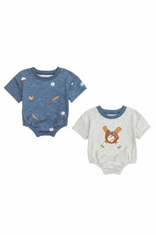 Two baby rompers, one blue and one gray, with sports-themed designs on a white background.